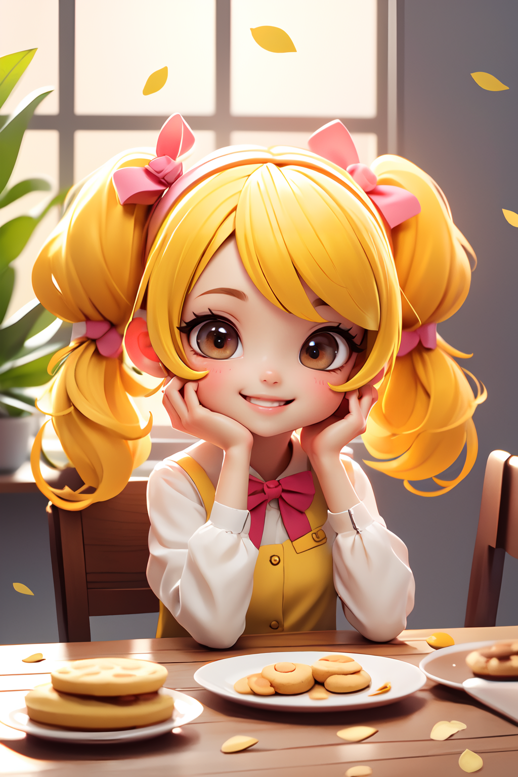 01278-1270394961-beautiful and detailed illustration,masterpiece,best quality,(chibi_1.4),1girl,sitting,table,hands on face,bow,hair ribbon,yello.png